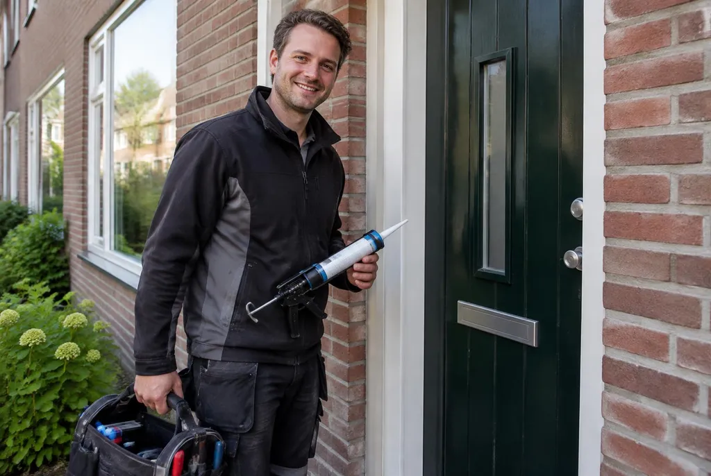 Vakman van Kitbedrijf Kortenhoef bij de voordeur van een woning